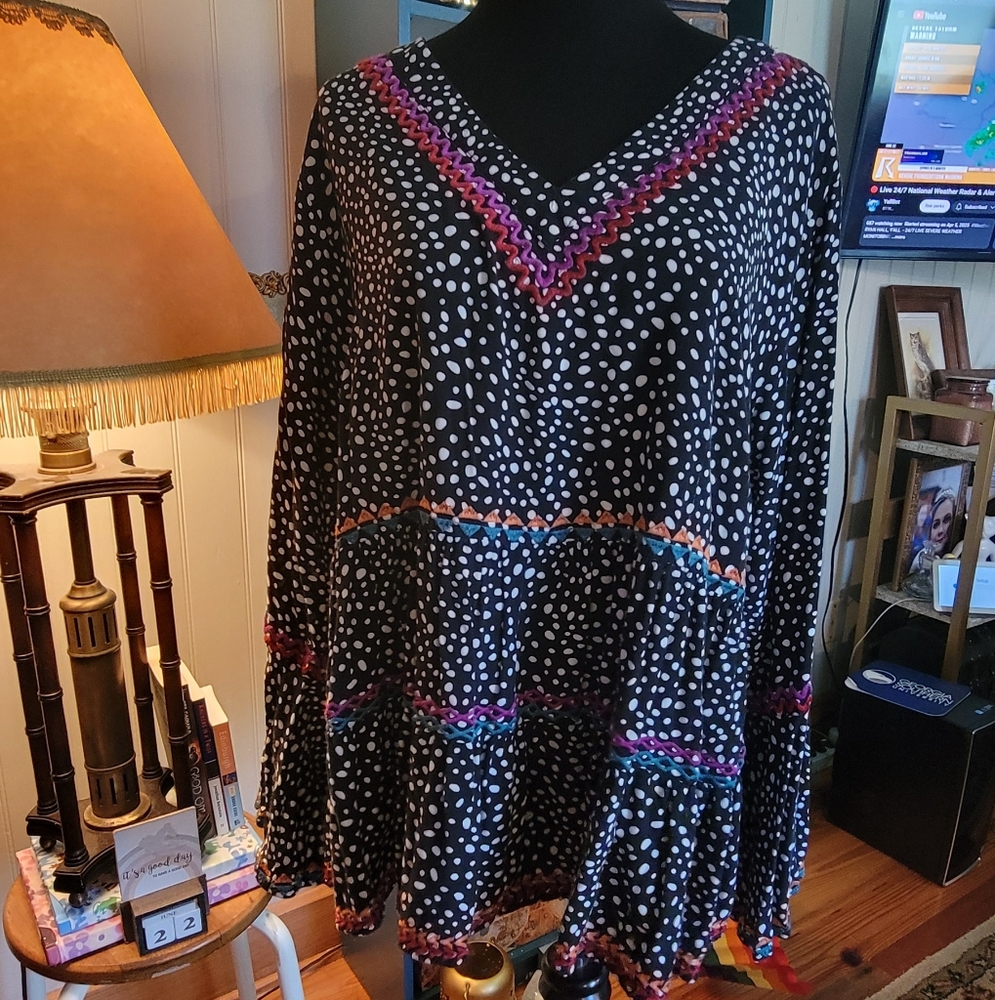 Plus Size 1x Polka Dot Blouse With Bold Embroidered Trim